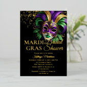 Elegant Masquerade Mask Mardi Gras Bridal Shower 箔招待状 (立ち正面)
