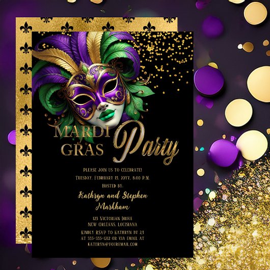 Elegant Masquerade Mask Mardi Gras Party 招待状