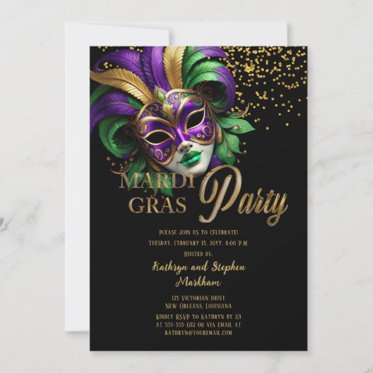 Elegant Masquerade Mask Mardi Gras Party 招待状 (正面)