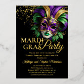 Elegant Masquerade Mask Mardi Gras Party 箔招待状 (正面)