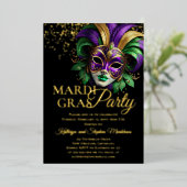 Elegant Masquerade Mask Mardi Gras Party 箔招待状 (立ち正面)