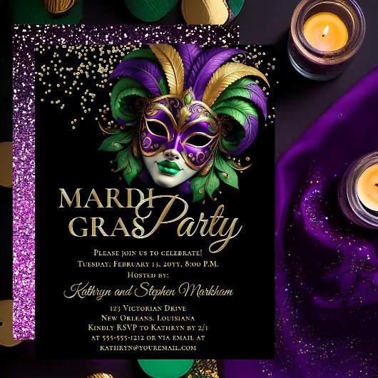 Elegant Masquerade Mask Mardi Gras Party 箔招待状