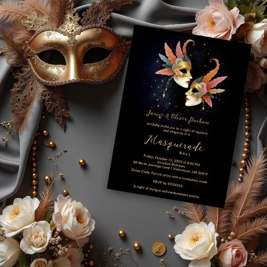 Elegant Masquerade Masks with Gold Effect Accents  招待状