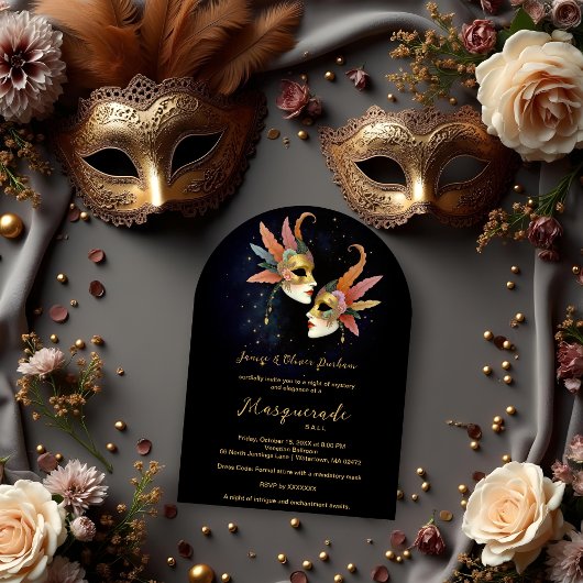 Elegant Masquerade Masks with Gold Effect Accents 招待状