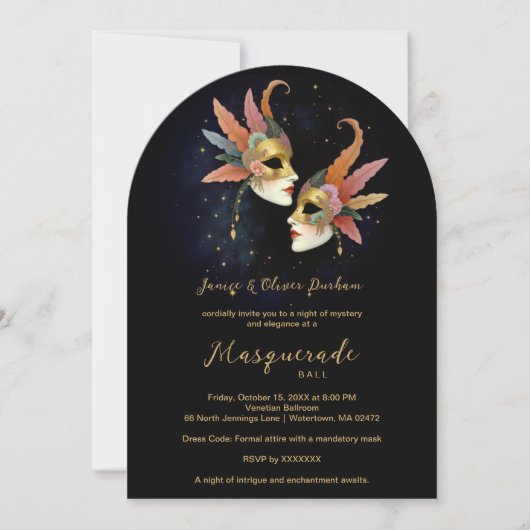 Elegant Masquerade Masks with Gold Effect Accents  招待状 (正面)