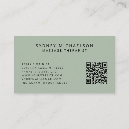 Elegant Massage Therapist QR Code Sage Green 名刺 (裏面)