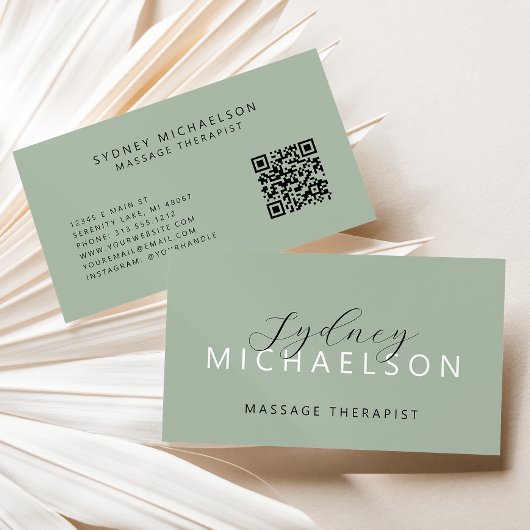 Elegant Massage Therapist QR Code Sage Green 名刺