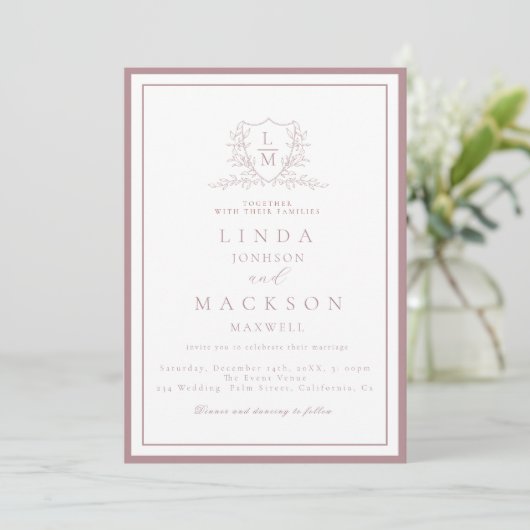 Elegant Mauve & botanical crest monogram wedding 招待状 (スタンド正面)