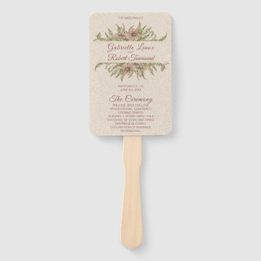 Elegant Mauve Floral & Greenery Wedding Program ハンドファン (正面)