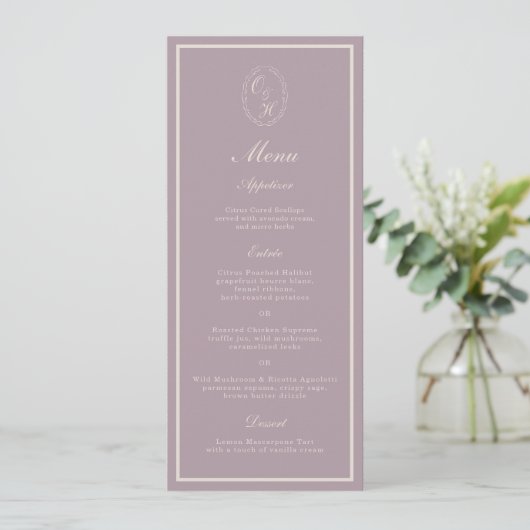 Elegant Mauve Monogram Wedding Long Menu 招待状 (スタンド正面)