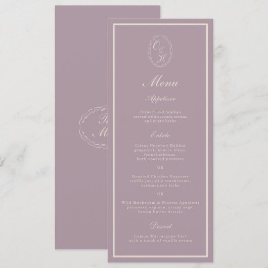 Elegant Mauve Monogram Wedding Long Menu 招待状 (正面/裏面)