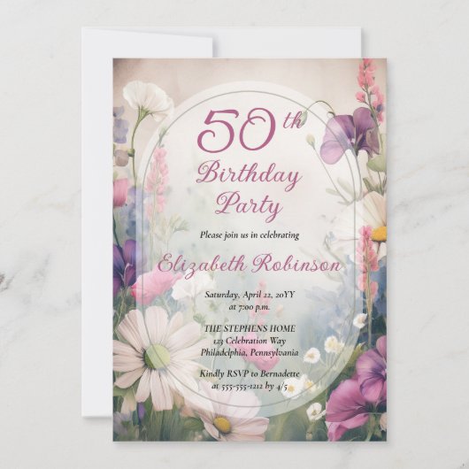 Elegant Mauve | Multi 50th Birthday Party Floral 招待状 (正面)