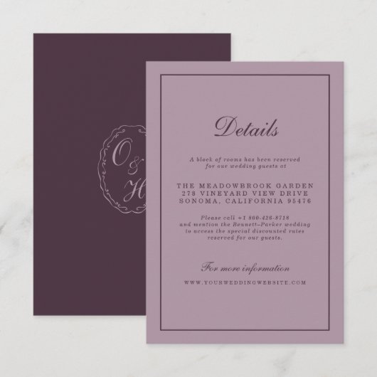 Elegant Mauve Plum Wedding Details Card エンクロージャーカード (正面/裏面)