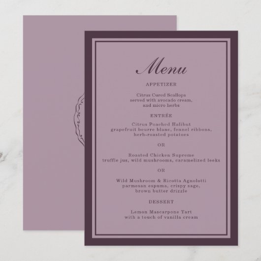 Elegant Mauve Plum Wedding Dinner Menu Card 招待状 (正面/裏面)