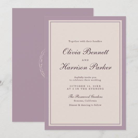 Elegant Mauve Plum Wedding Invitation 招待状 (正面/裏面)