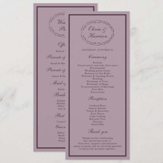Elegant Mauve Plum Wedding Program Card 招待状 (正面/裏面)