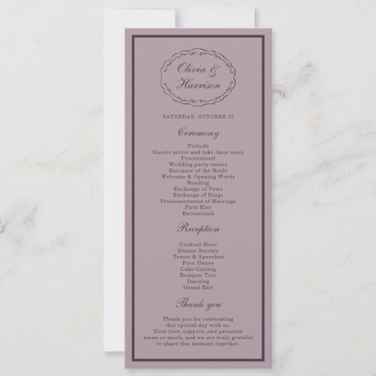 Elegant Mauve Plum Wedding Program Card 招待状 (正面)