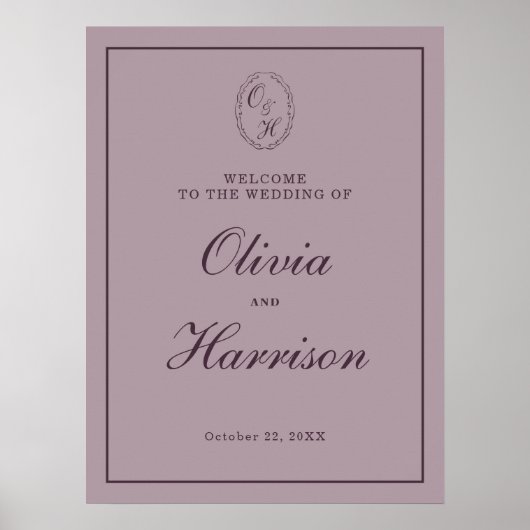 Elegant Mauve Plum Wedding Welcome Sign ポスター (正面)