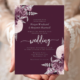 Elegant Mauve Silver Floral Wedding 箔招待状