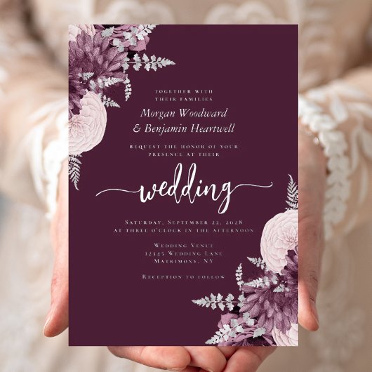 Elegant Mauve Silver Floral Wedding 箔招待状