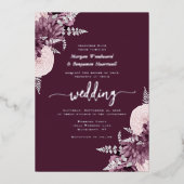 Elegant Mauve Silver Floral Wedding 箔招待状 (正面)