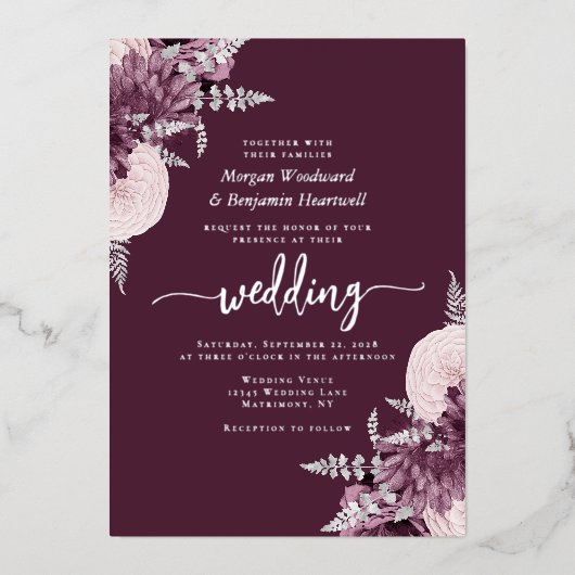 Elegant Mauve Silver Floral Wedding 箔招待状 (正面)