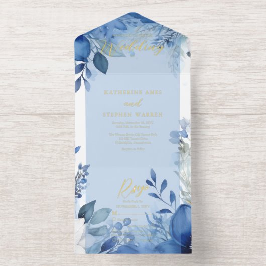 Elegant Maximalist Blue Floral Wedding オールインワン招待状 (内側)