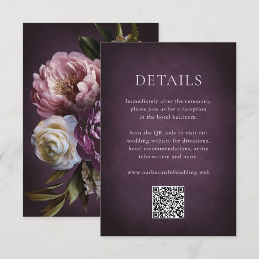 Elegant Maximalist Purple Floral QR Code Wedding エンクロージャーカード (正面/裏面)