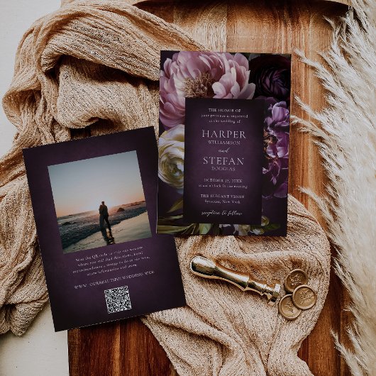 Elegant Maximalist Purple Floral QR Code Wedding 招待状