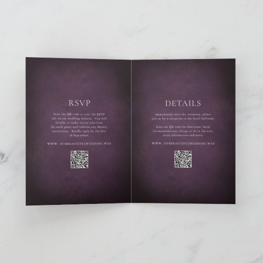 Elegant Maximalist Purple Floral QR Code Wedding 招待状 (内部)