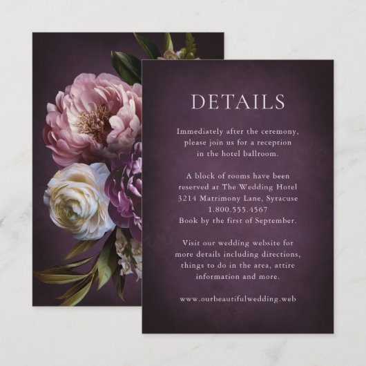 Elegant Maximalist Purple Floral Wedding エンクロージャーカード (正面/裏面)
