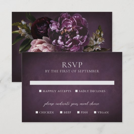 Elegant Maximalist Purple Floral Wedding 出欠カード (正面/裏面)