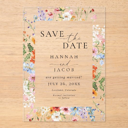 Elegant Meadow Wildflower Wedding Save the Date アクリル招待状 (正面)