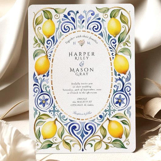 Elegant Mediterranean Lemon & Blue Tile Wedding 招待状