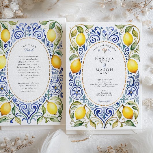 Elegant Mediterranean Lemon & Blue Tile Wedding 招待状
