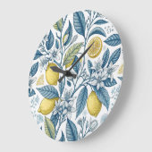 Elegant Mediterranean Lemon Botanical Navy ラージ壁時計 (傾斜)