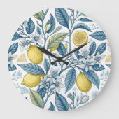 Elegant Mediterranean Lemon Botanical Navy ラージ壁時計 (正面)