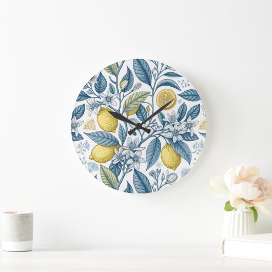 Elegant Mediterranean Lemon Botanical Navy ラージ壁時計 (ホーム)