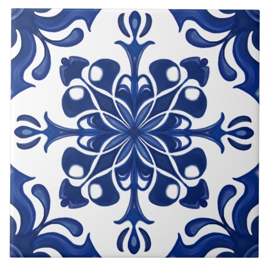 Elegant Mediterranean Navy Blue White Pattern タイル (正面)
