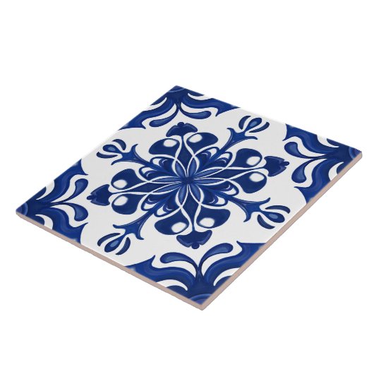Elegant Mediterranean Navy Blue White Pattern タイル (側面)