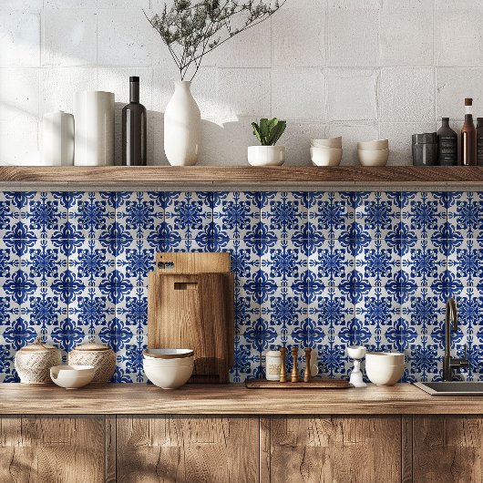 Elegant Mediterranean Navy Blue White Pattern タイル