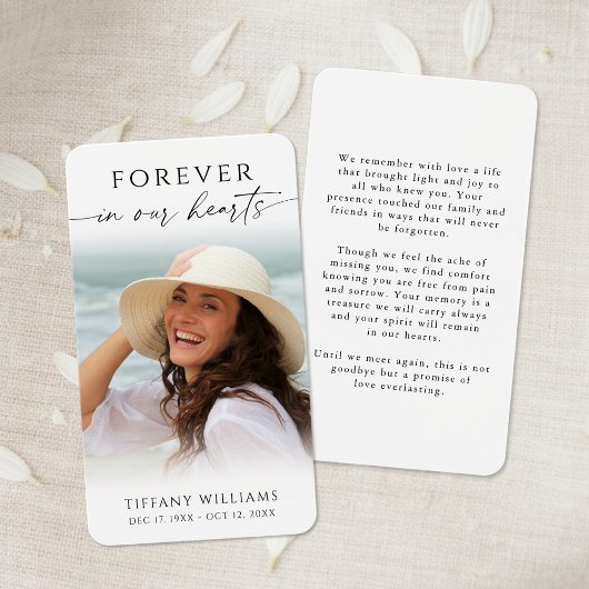 Elegant Memorial Photo Forever Hearts Prayer Card