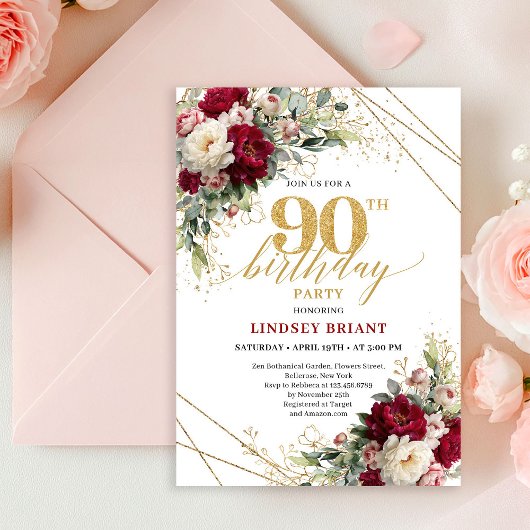 Elegant Merlot Rose Gold 90th Birthday Invite 招待状