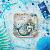 Elegant Mermaid Birthday Blue Gold Floral ペーパープレート (パーティー)