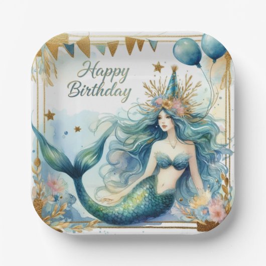 Elegant Mermaid Birthday Blue Gold Floral ペーパープレート (正面)