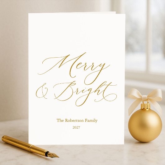 Elegant Merry & Bright Gold Script Christmas シーズンカード