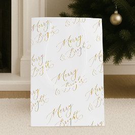 Elegant Merry & Bright Gold Script Christmas ミディアムペーパーバッグ