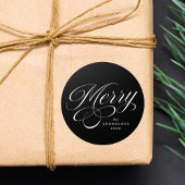 Elegant Merry Calligraphy Script Black Holiday ラウンドシール