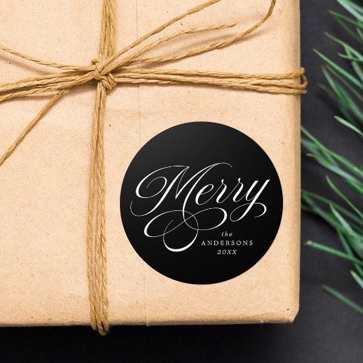 Elegant Merry Calligraphy Script Black Holiday ラウンドシール