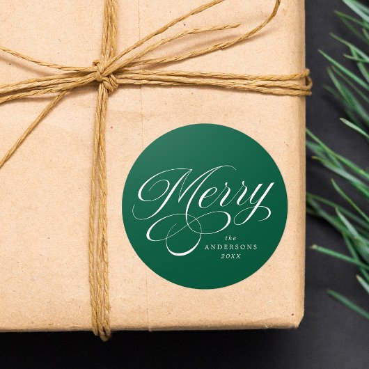 Elegant Merry Calligraphy Script Green Holiday ラウンドシール
